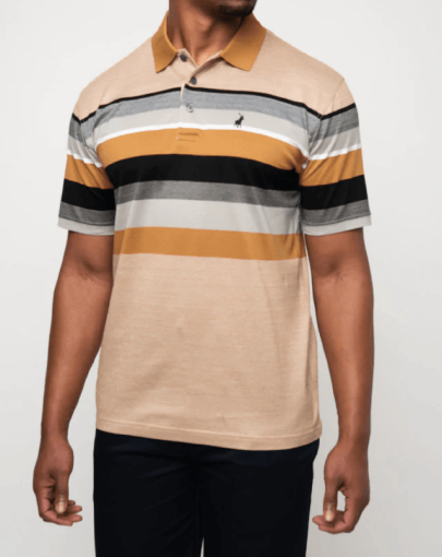 Polo Double Mercerised Stripe Short Sleeve Golfer Camel