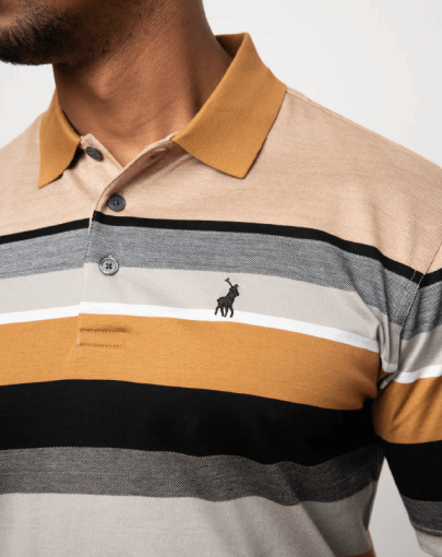 Polo Double Mercerised Stripe Short Sleeve Golfer Camel3